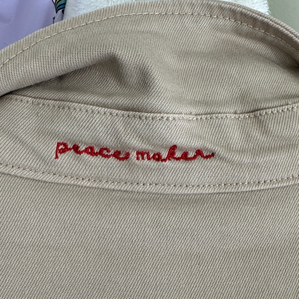 Peace Love World Cream Jean Jacket with Colorful Lace-Up Sleeves - Picture 7 of 15